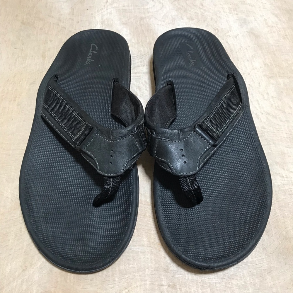 Clarks Men Black Flipflops Leather Sandals Size 10